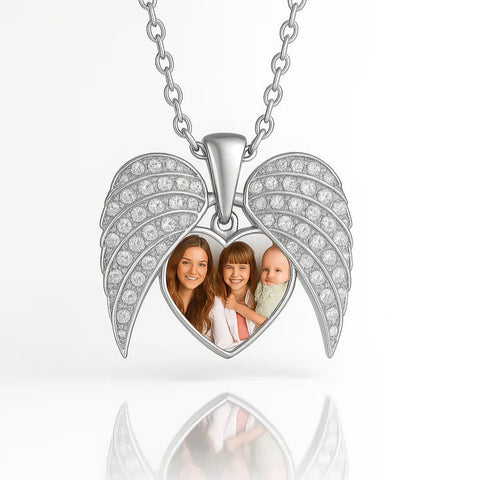 Custom Photo Angel Wing Necklace – Personalized 24CT Gold Heart Pendant with Picture & CZ Crystals – Memorial & Family Gift by Jawharat Al Arab