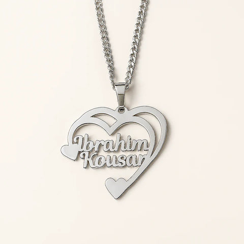 Custom Double Heart Name Necklace in Gold – Personalized Couple Pendant Gift