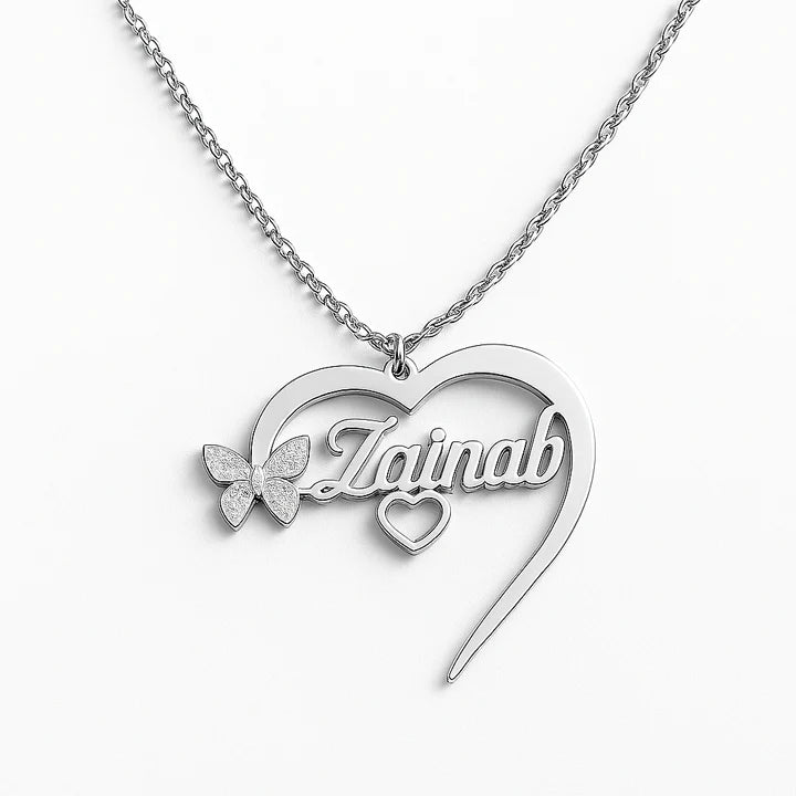 Custom Gold Heart Name Necklace with Butterfly & Heart – Personalized Jewelry Gift