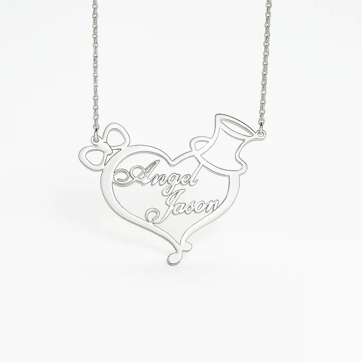 Custom Couple Name Necklace – Gold Heart Pendant with Bow & Hat Design