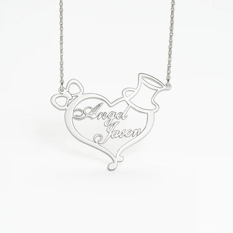 Custom Couple Name Necklace – Gold Heart Pendant with Bow & Hat Design