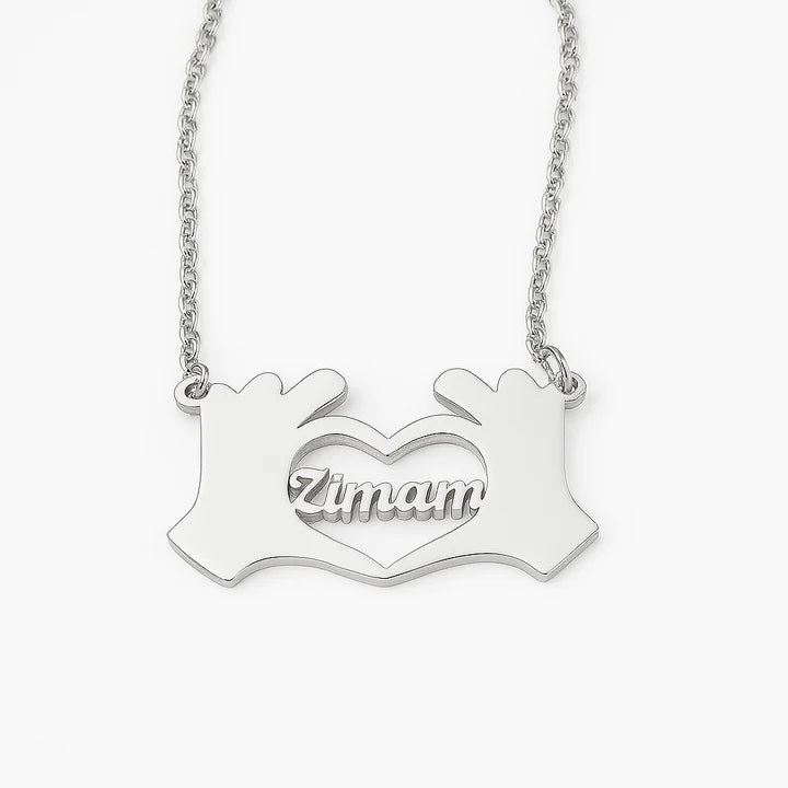 Custom Hand Heart Name Necklace – Personalized Gold Pendant for Loved Ones