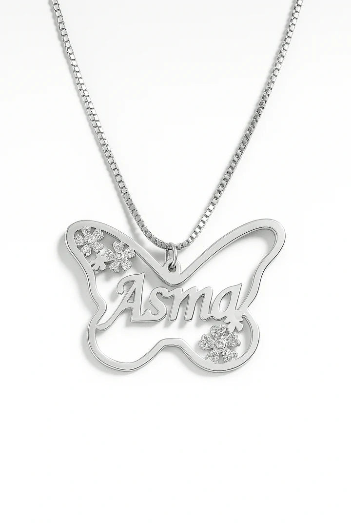 Custom Butterfly Name Necklace – Personalized Gold Pendant with Floral Crystals