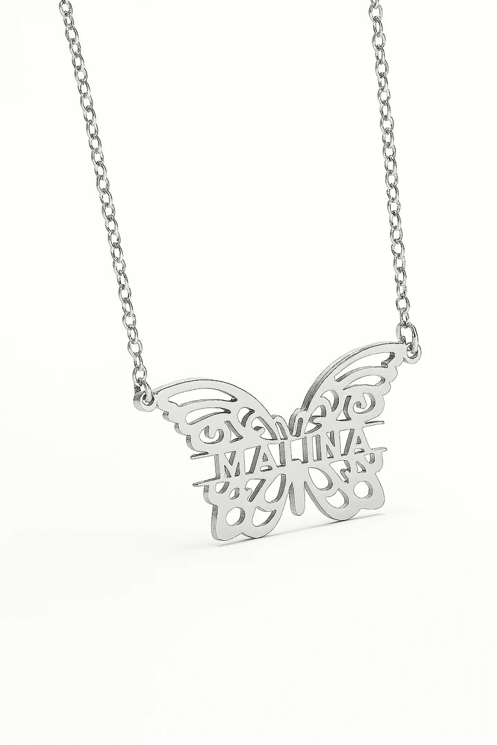 Personalized Butterfly Name Necklace – Custom Gold Cutout Pendant for Women