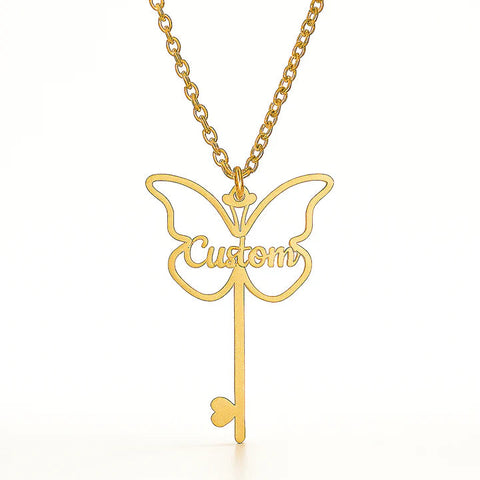 Custom Butterfly Key Name Necklace – Personalized Gold Pendant for Women