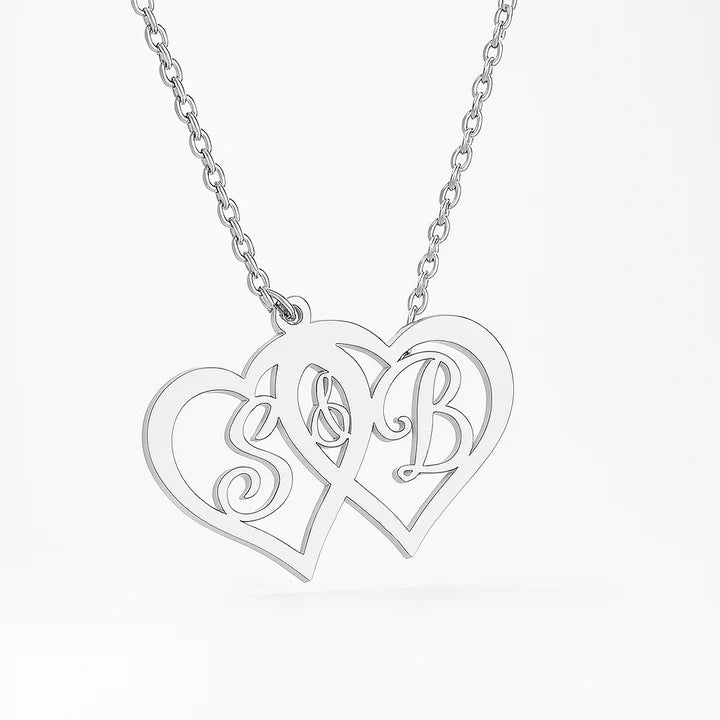 Custom Double Heart Initial Necklace – Personalized Gold Pendant for Couples