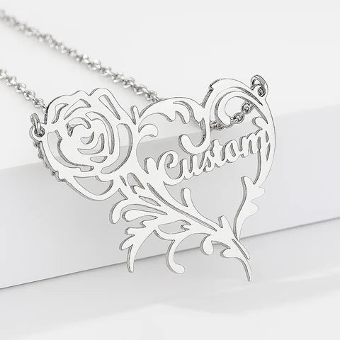 Custom Rose Heart Name Necklace – Personalized Gold Floral Pendant for Women