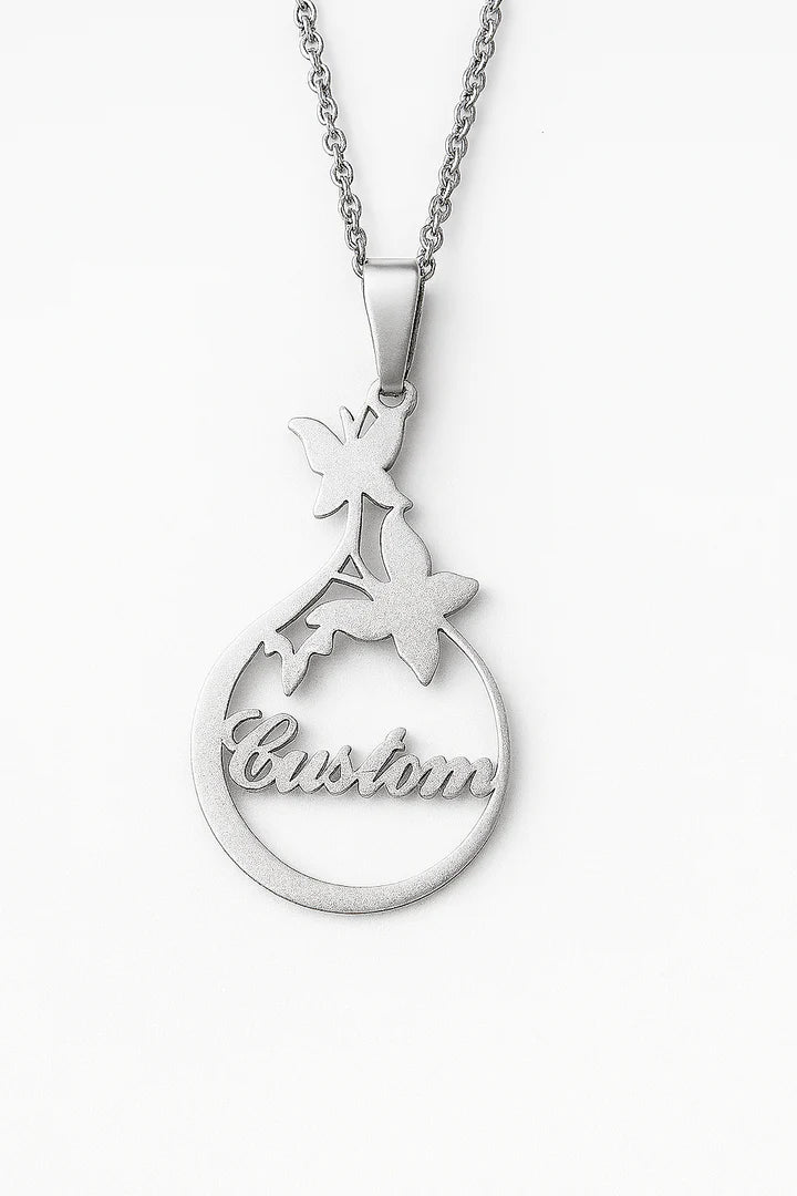 Custom Gold Name Necklace – Floral Butterfly Pendant