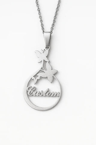 Custom Gold Name Necklace – Floral Butterfly Pendant