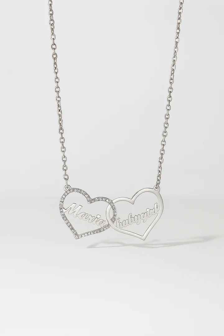 Custom Double Heart Name Necklace – Gold & Diamond Accent Pendant