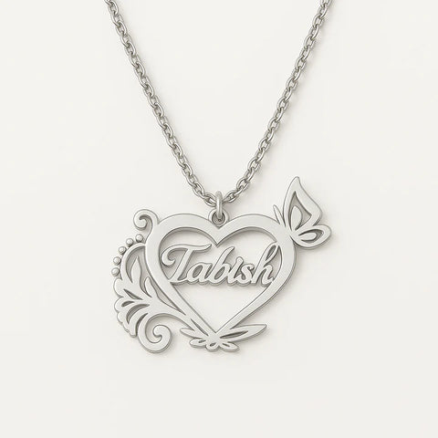 Custom Name Butterfly Heart Necklace – Gold & Silver Personalized Pendant