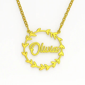 Custom Gold Name Necklace – Personalized Leaf Wreath Pendant for Women