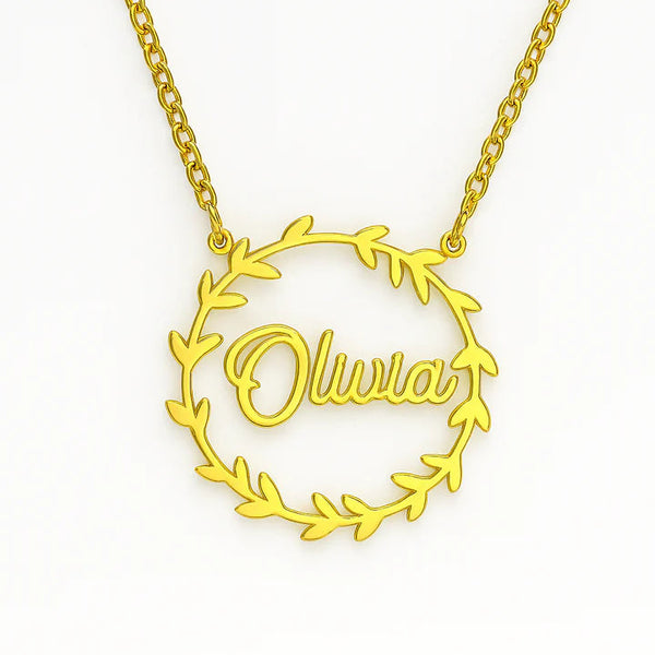 Custom Gold Name Necklace – Personalized Leaf Wreath Pendant for Women