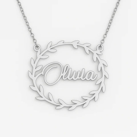 Custom Gold Name Necklace – Personalized Leaf Wreath Pendant for Women