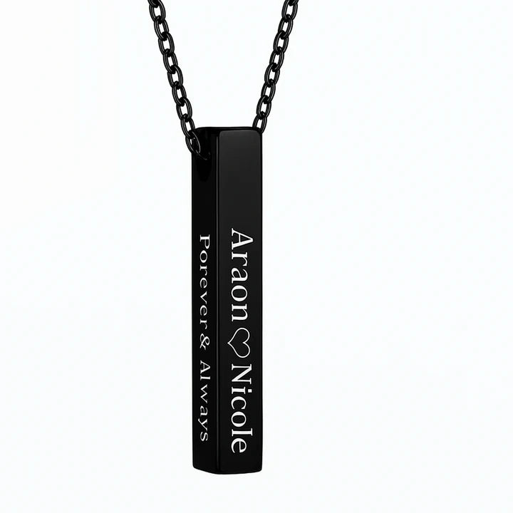 Custom Engraved Bar Necklace – Personalized Couple Name Pendant with Love Symbol & Message | Romantic Gift for Him & Her