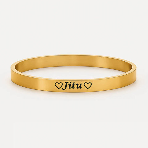Personalized Gold Bangle Bracelet - Custom Name Engraving, Elegant Heart Design