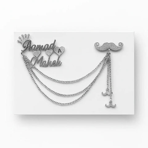 Custom Name Brooch – Gold & Silver Couple Pin with Chains