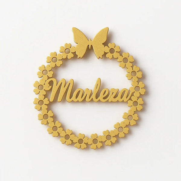 Custom Name Floral Wreath Ornament – Personalized Coat Pin