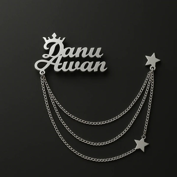 Custom Name Brooch – Personalized Crown Pin with Chain for Men