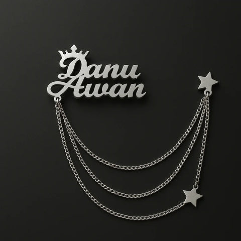 Custom Name Brooch – Personalized Crown Pin with Chain for Men