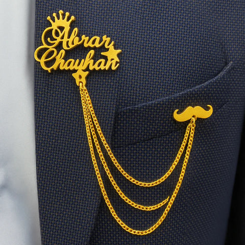 Custom Name Brooch Pin – Personalized Gold & Silver Lapel Chain for Men