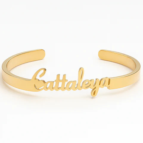 Custom 24CT Gold Platted Name Bracelet – Personalized Cattaleya Cuff Jewelry