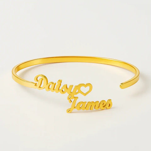 Custom Couple Name Bracelet – Gold Heart Open Cuff