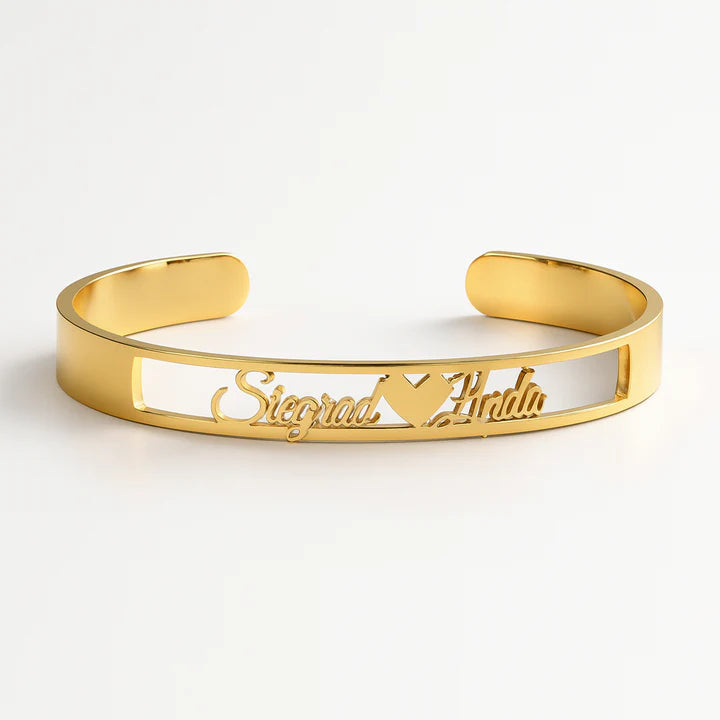 Custom Silver Couple Name Bracelet – Personalized Sigurd & Yulou Cuff with Heart