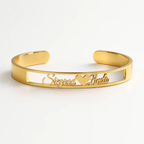 Custom Silver Couple Name Bracelet – Personalized Sigurd & Yulou Cuff with Heart