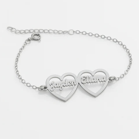 Custom Double Heart Name Bracelet – Gold Personalized Couple Jewelry
