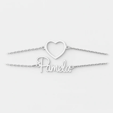 Custom Silver Name Bracelet – Heart Charm Personalized Jewelry
