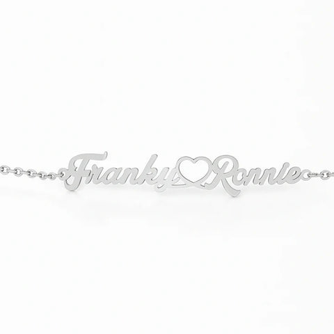 Custom Gold Couple Name Bracelet – Heart Connector Personalized Jewelry