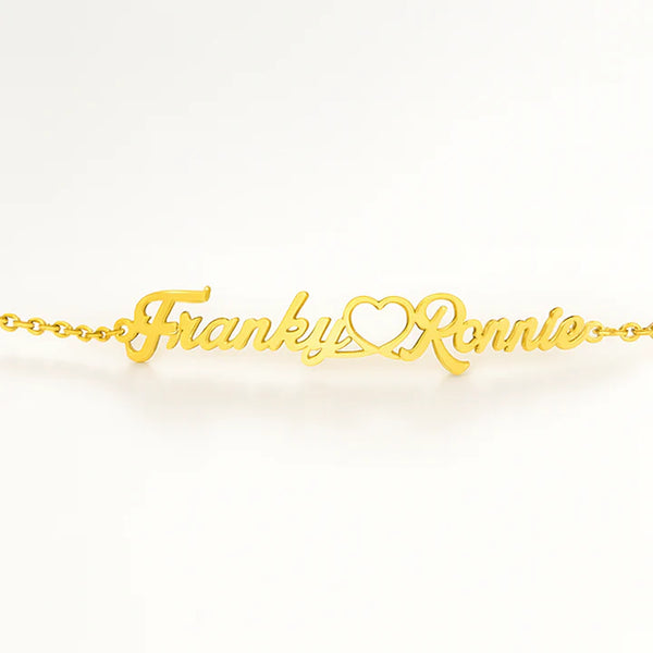 Custom Gold Couple Name Bracelet – Heart Connector Personalized Jewelry
