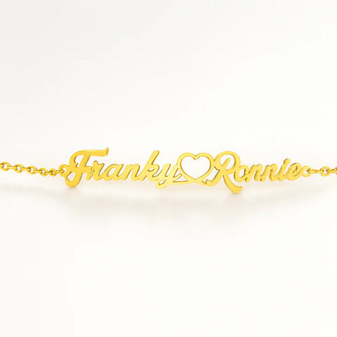 Custom Gold Couple Name Bracelet – Heart Connector Personalized Jewelry