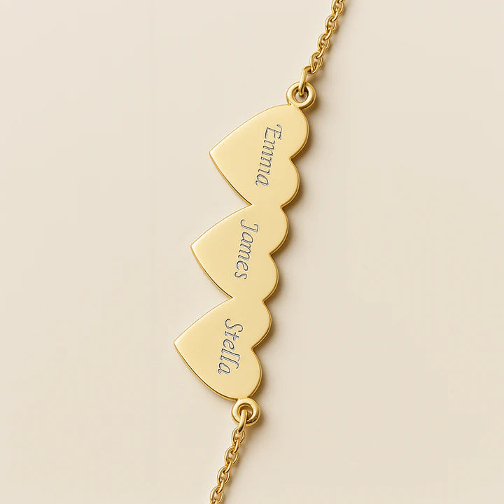 Custom Triple Heart Name Bracelet – Engraved Gold Family Jewelry