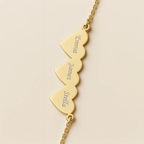 Custom Triple Heart Name Bracelet – Engraved Gold Family Jewelry