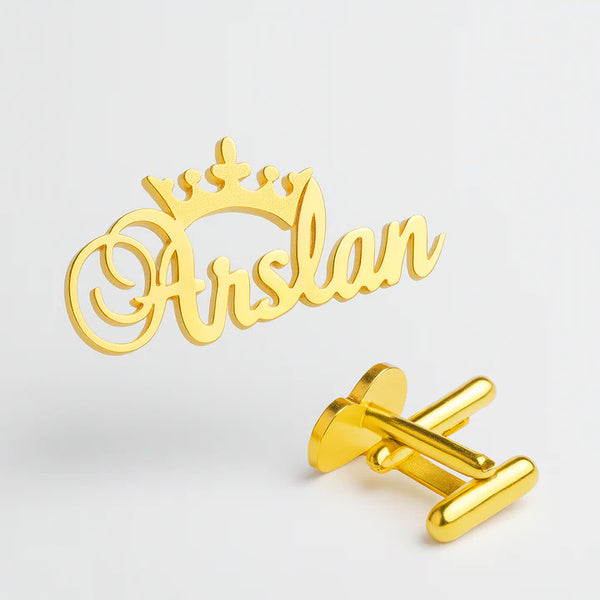 Custom Name Cufflinks with Crown – Personalized Gold/Silver Men's Jewelry – Luxury Engraved Gift for Him