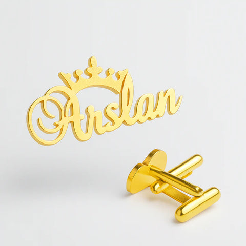 Custom Name Cufflinks with Crown – Personalized Gold/Silver Men's Jewelry – Luxury Engraved Gift for Him