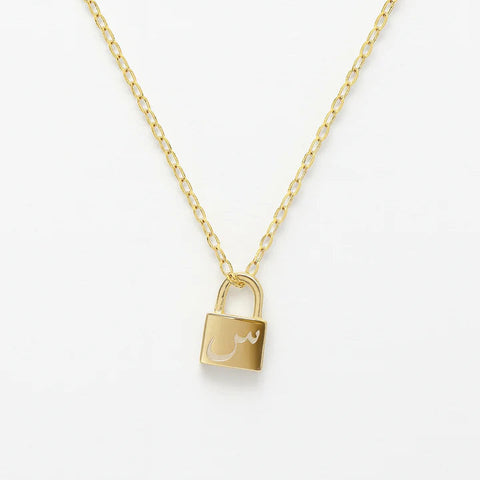 Custom Arabic Initial Lock Necklace | Personalized Gold Plated Pendant | Minimalist Jewelry Gift for Her