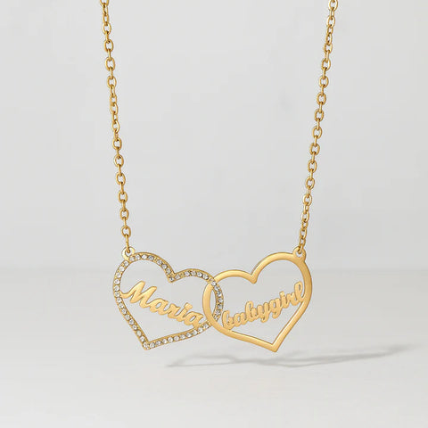 Custom Double Heart Name Necklace – Gold & Diamond Accent Pendant