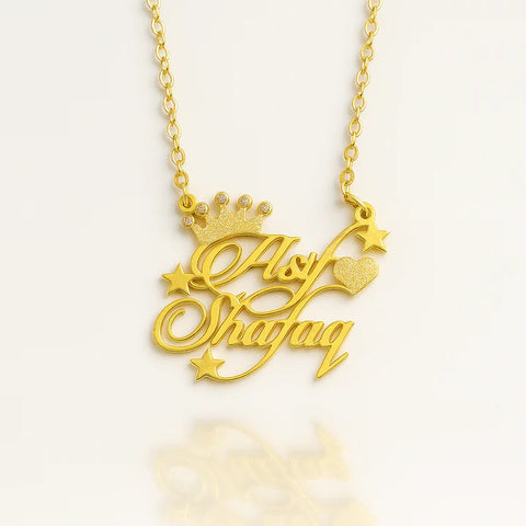 Custom Couple Name Necklace with Crown & Stars | Personalized Gold Plated Pendant with Heart | Royal Name Jewelry Gift for Her & Him