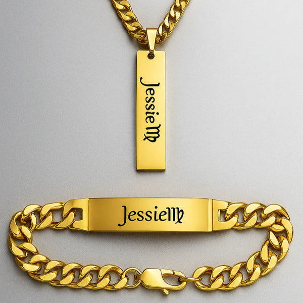 Custom Name Necklace & Bracelet Set – Personalized Cuban Chain Jewelry with Zodiac Sign for Men & Women
