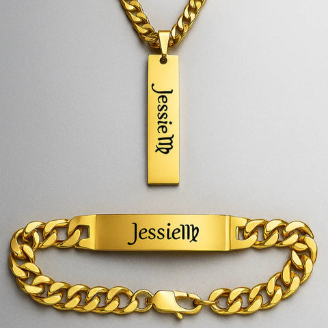 Custom Name Necklace & Bracelet Set – Personalized Cuban Chain Jewelry with Zodiac Sign for Men & Women