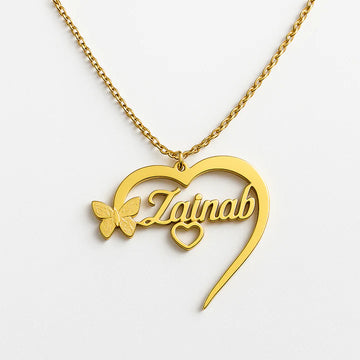 Custom Gold Heart Name Necklace with Butterfly & Heart – Personalized Jewelry Gift