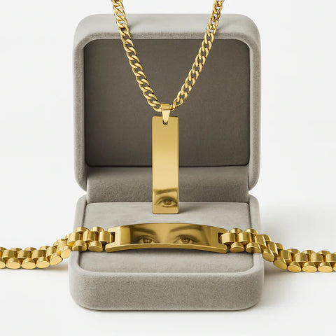 Premium Silver & Gold Cuban Chain Necklace & ID Bracelet Set – Men's Luxury Stainless Steel Jewelry Gift