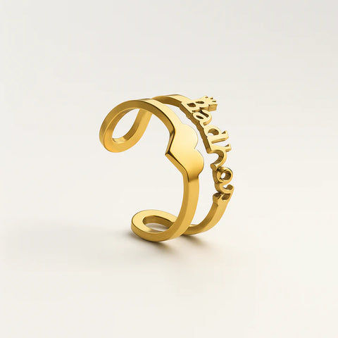 Custom Gold Name Ring 24CT Gold Platted– Personalized Adjustable Ring with Crown Design for Women | Engraved Jewelry Gift for Her