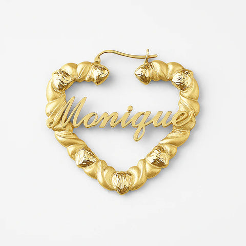 Custom Heart Bamboo Hoop Earring – Personalized 24CT Gold Plated Name Statement Jewelry for Women