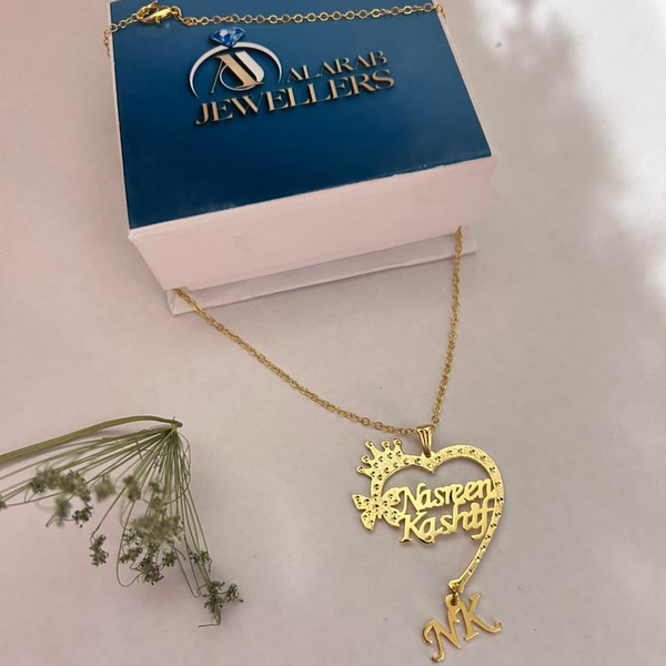 Personalized Heart Name Necklace with Crown & Initial Charm