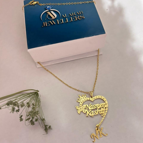 Personalized Heart Name Necklace with Crown & Initial Charm