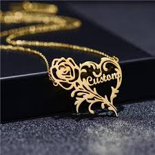 Custom Rose Heart Name Necklace – Personalized Gold Floral Pendant for Women